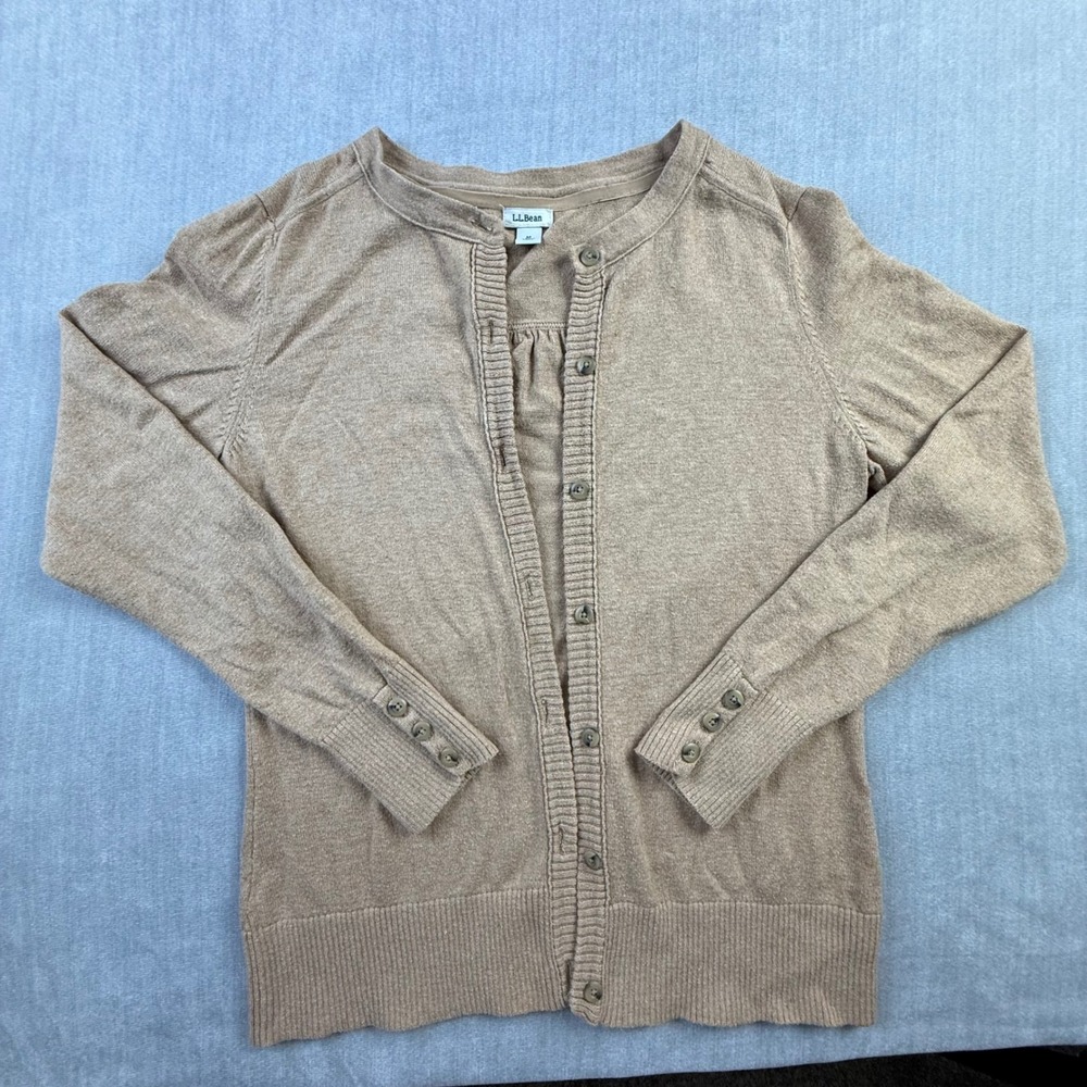 LL Bean Womens Cotton Cashmere Cardigan Sweater Tan Brown Button Front M 290404